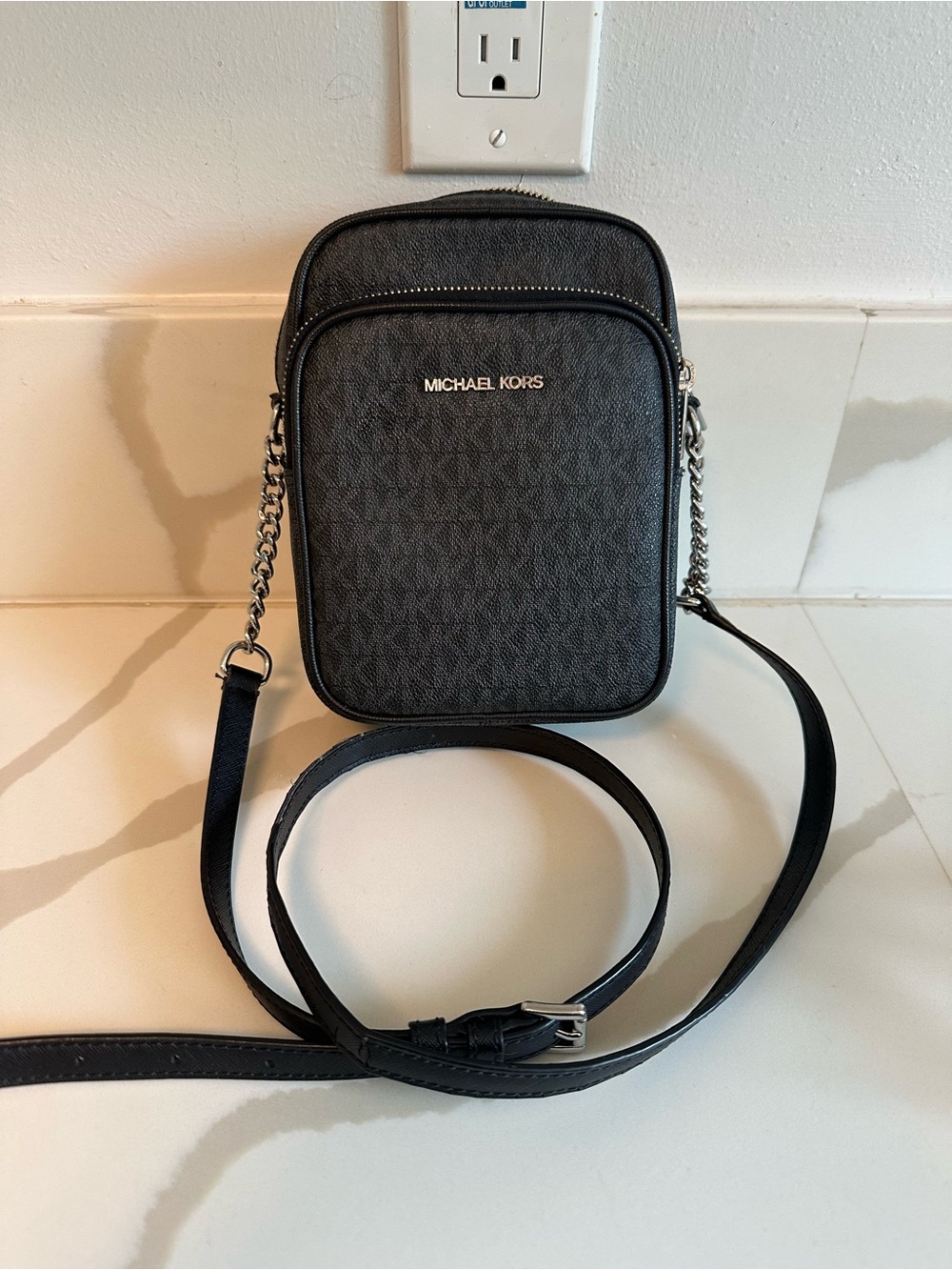 Michael Kors Black Logo-Print Crossbody Bag with Chain Strap